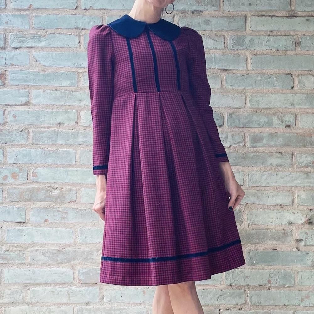 Vintage Lolita Dress Bonnie Jean Burgundy Navy Plaid Girls Peter Pan Cottagecore